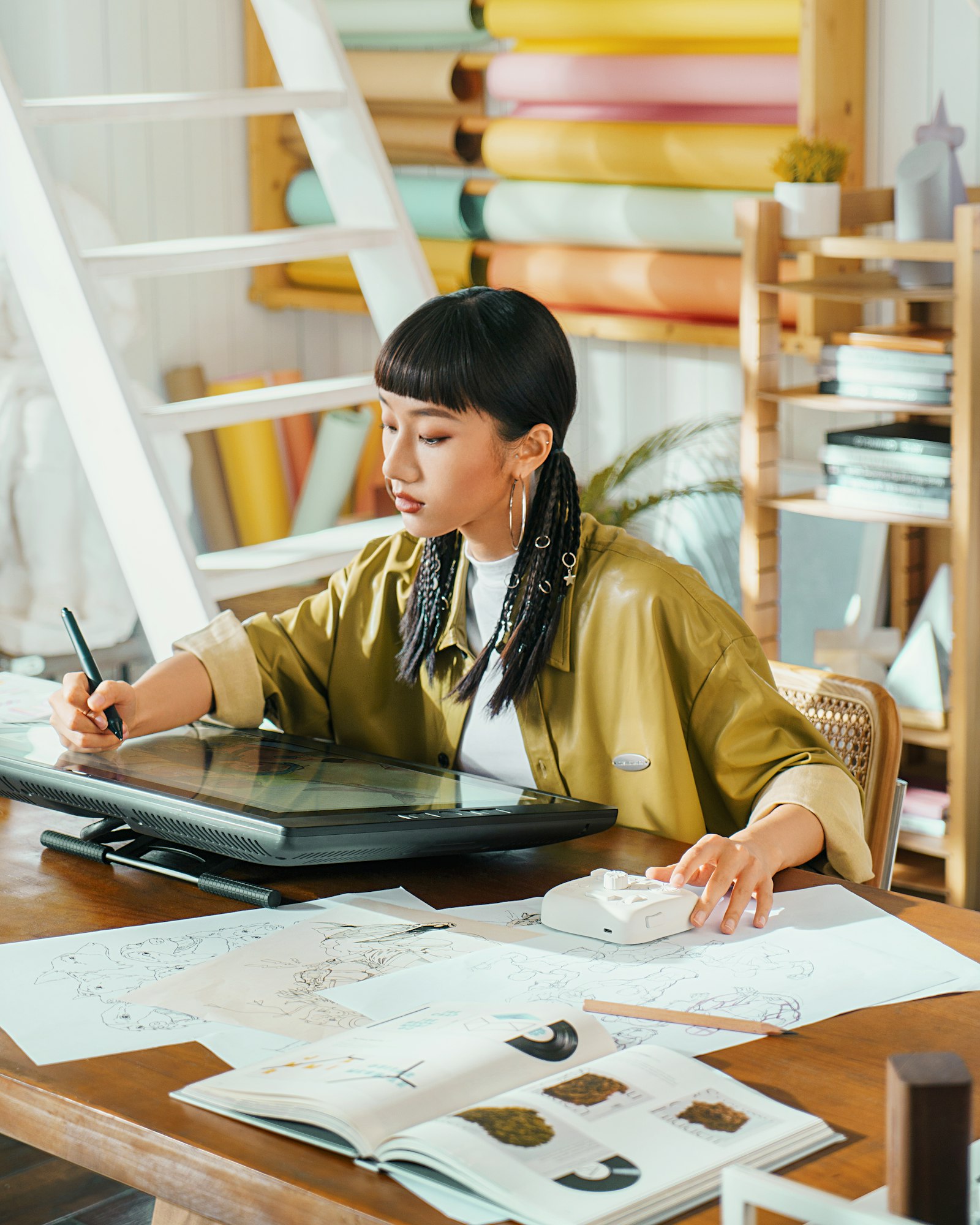 Diseñadora trabajando en una tableta digital en su estudio